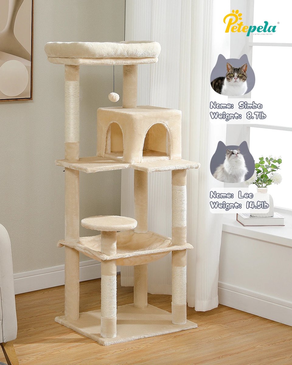 Kattenboom - 5-Level - Grote Hangmat - Sisal Krabpalen - Gezellige Condo - Stevig en Ruim - Geschikt voor Grote Katten