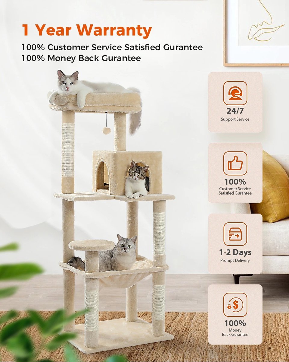 Luxe Kattenboom met Krabpaal - Kattenspeeltoestel - Kattenaccessoires - Huisdierspeelgoed - Groot - 45x55x143cm - Hout - 12,3kg - Beige