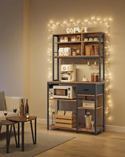 Keukenplank met stopcontacten - Staande plank - Magnetronplank - Verstelbare planken - Stoffen lade 12 haken - 40 x 100 x 180 cm - Magnetron Keuken - Vintage Bruin - Inkt Zwart