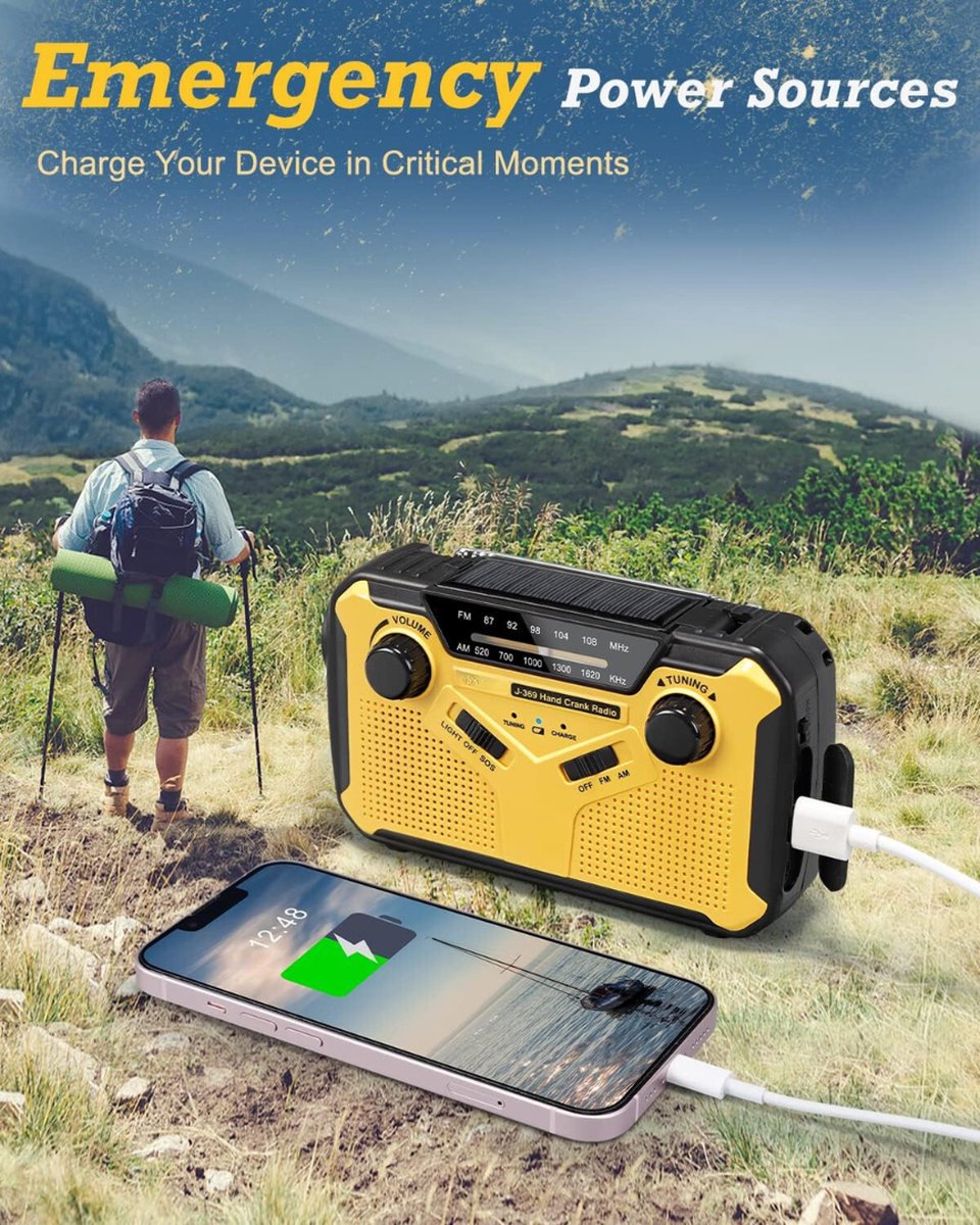 Noodradio Solar Opwindbaar - Noodradio Opwindbaar - Opwindbare Radio - Powerbank Zonne Energie - 3000mAh-batterij - USB-opladen - Geel