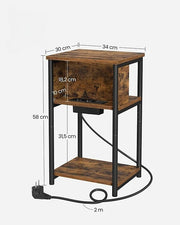 Bijzettafels Woonkamer - Bijzettafel Bank - Wandtafel - Kast met Stopcontact - 2 USB Poorten - 30 cm x 34 cm x 58 cm - Vintage Bruin/Zwart