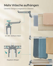 Droogrek - Staand droogrek - 4 niveaus - Vleugelwasrek - Opvouwbare vleugels - Met wielen - 64 x 126 x 172 cm - Grijs