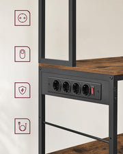 Keukenplank met stopcontacten - Staande plank - Magnetronplank - Verstelbare planken - Stoffen lade 12 haken - 40 x 100 x 180 cm - Magnetron Keuken - Vintage Bruin - Inkt Zwart