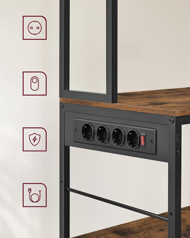 Keukenplank met stopcontacten - Staande plank - Magnetronplank - Verstelbare planken - Stoffen lade 12 haken - 40 x 100 x 180 cm - Magnetron Keuken - Vintage Bruin - Inkt Zwart