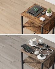 Bijzettafels Woonkamer - Bijzettafel Bank - Wandtafel - Kast met Stopcontact - 2 USB Poorten - 30 cm x 34 cm x 58 cm - Vintage Bruin/Zwart