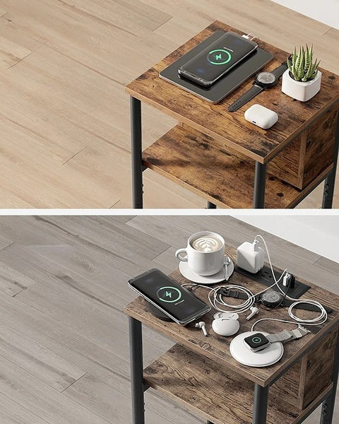 Bijzettafels Woonkamer - Bijzettafel Bank - Wandtafel - Kast met Stopcontact - 2 USB Poorten - 30 cm x 34 cm x 58 cm - Vintage Bruin/Zwart