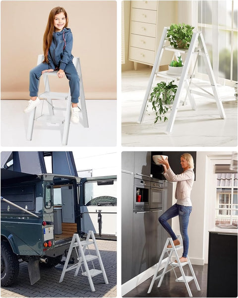 3-staps ladder - aluminium opvouwbaar opstapje - trapladder - 3-staps opvouwbare staande ladder - antislip - maximaal draagvermogen 150 kg - draagbaar lichtgewicht opstapje (zilver-wit)