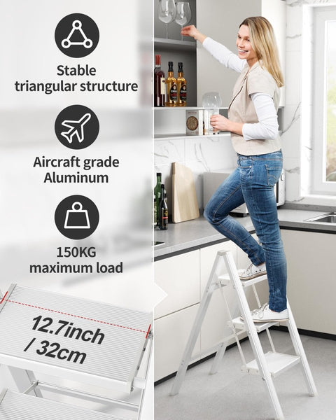 3-staps ladder - aluminium opvouwbaar opstapje - trapladder - 3-staps opvouwbare staande ladder - antislip - maximaal draagvermogen 150 kg - draagbaar lichtgewicht opstapje (zilver-wit)