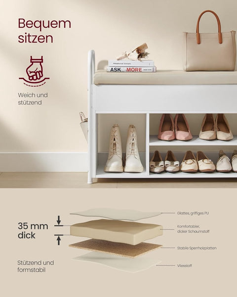 Schoenenbank met zitvlak - schoenenrek - zitbank met opbergruimte onder het deksel - PU-organizer - handgrepen - voor hal - woonkamer - slaapkamer - wolkenwit + cappuccinobeige
