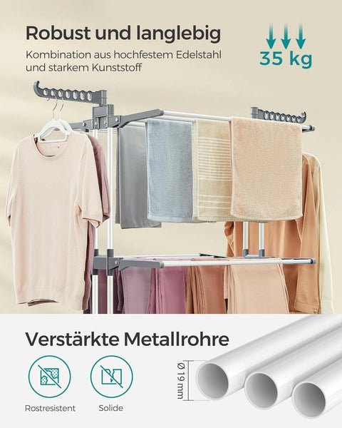 Droogrek - Staand droogrek - 4 niveaus - Vleugelwasrek - Opvouwbare vleugels - Met wielen - 64 x 126 x 172 cm - Grijs