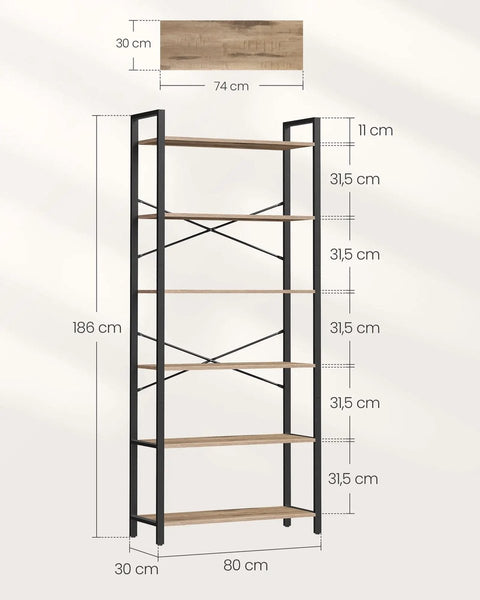 Boekenplank - Boekenkast - Kast - Woonkamer - Opbergkast - Boekenhouder - 30 cm x 80 cm x 186 cm - Khaki