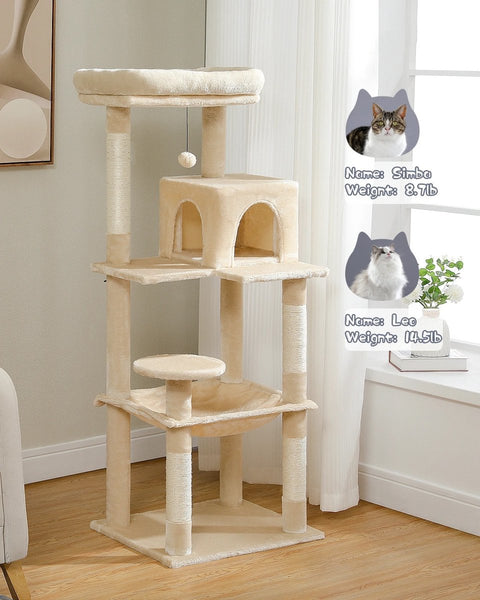Luxe Kattenboom met Krabpaal - Kattenspeeltoestel - Kattenaccessoires - Huisdierspeelgoed - Groot - 45x55x143cm - Hout - 12,3kg - Beige