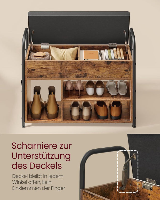 Schoenenbank met zitvlak - schoenenrek - zitbank met opbergruimte onder het deksel - PU-organizer - handgrepen - voor hal - woonkamer - slaapkamer - vintage bruin-inktzwart