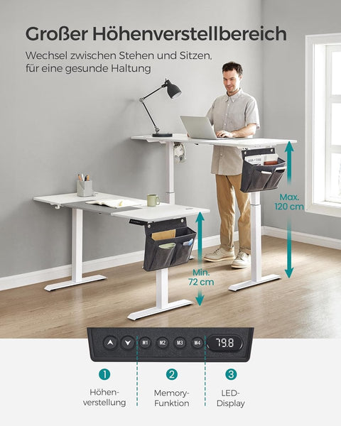 Verstelbaar bureau - In hoogte verstelbaar bureau elektrisch - bureau tafel - verstelbaar bureau elektrisch - , 60 x 140 x (72-120) cm - geheugenfunctie voor 4 hoogtes - voor thuiskantoor - werkkamer - Basiswit + duifgrijs.