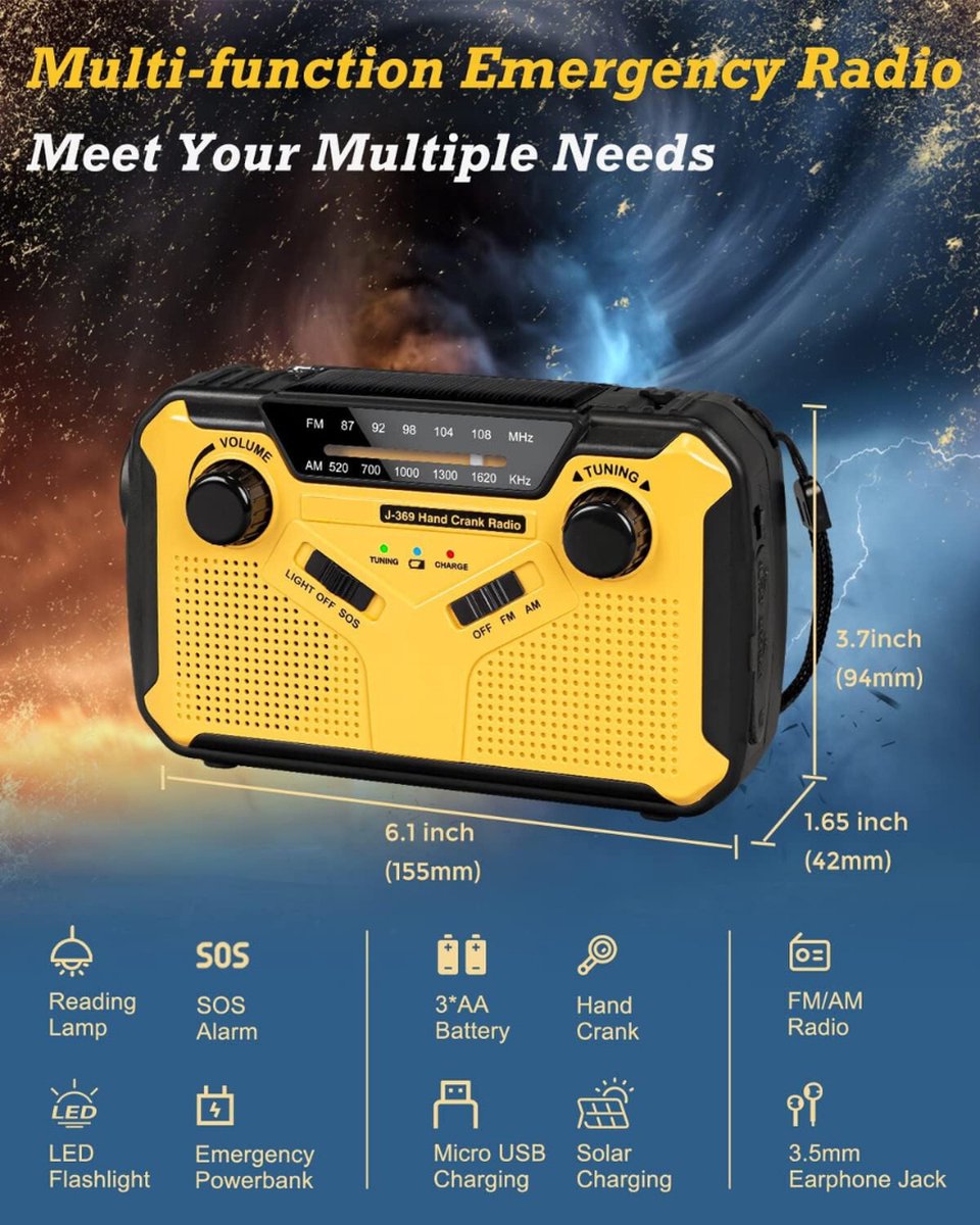 Noodradio Solar Opwindbaar - Noodradio Opwindbaar - Opwindbare Radio - Powerbank Zonne Energie - 3000mAh-batterij - USB-opladen - Geel