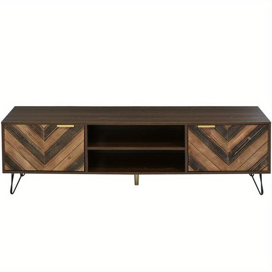 TV-meubel – TV-kast – TV-dressoir – Entertainmentmeubel – Mediameubel – Vintage stijl – Massief houten fineerdeuren – Gouden handgrepen – Stabiele metalen poten – Mid-century modern design – 155 cm breed