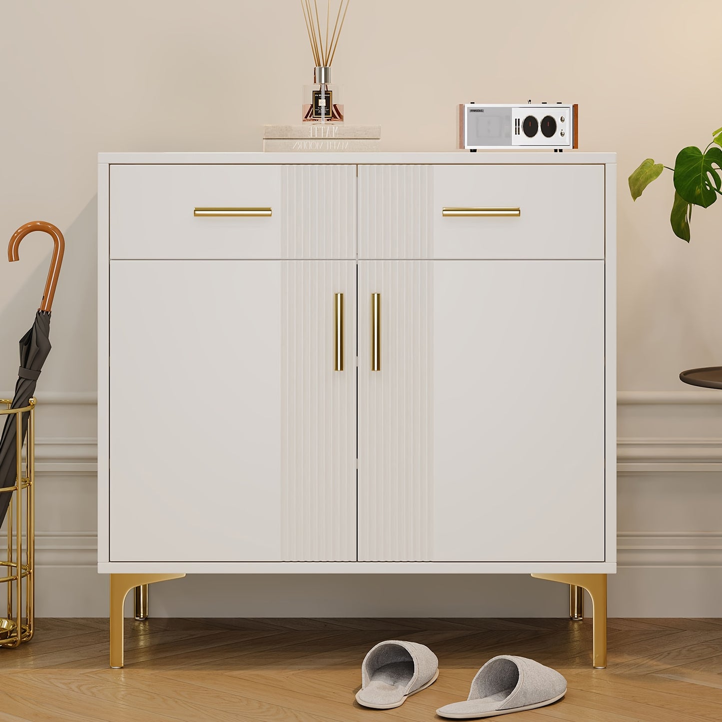 Dressoir – Kast – Sideboard – Ladekast – Opbergmeubel – Wit – Metalen Handgrepen – 80x35x79,5 cm – Twee Deuren en Twee Lades