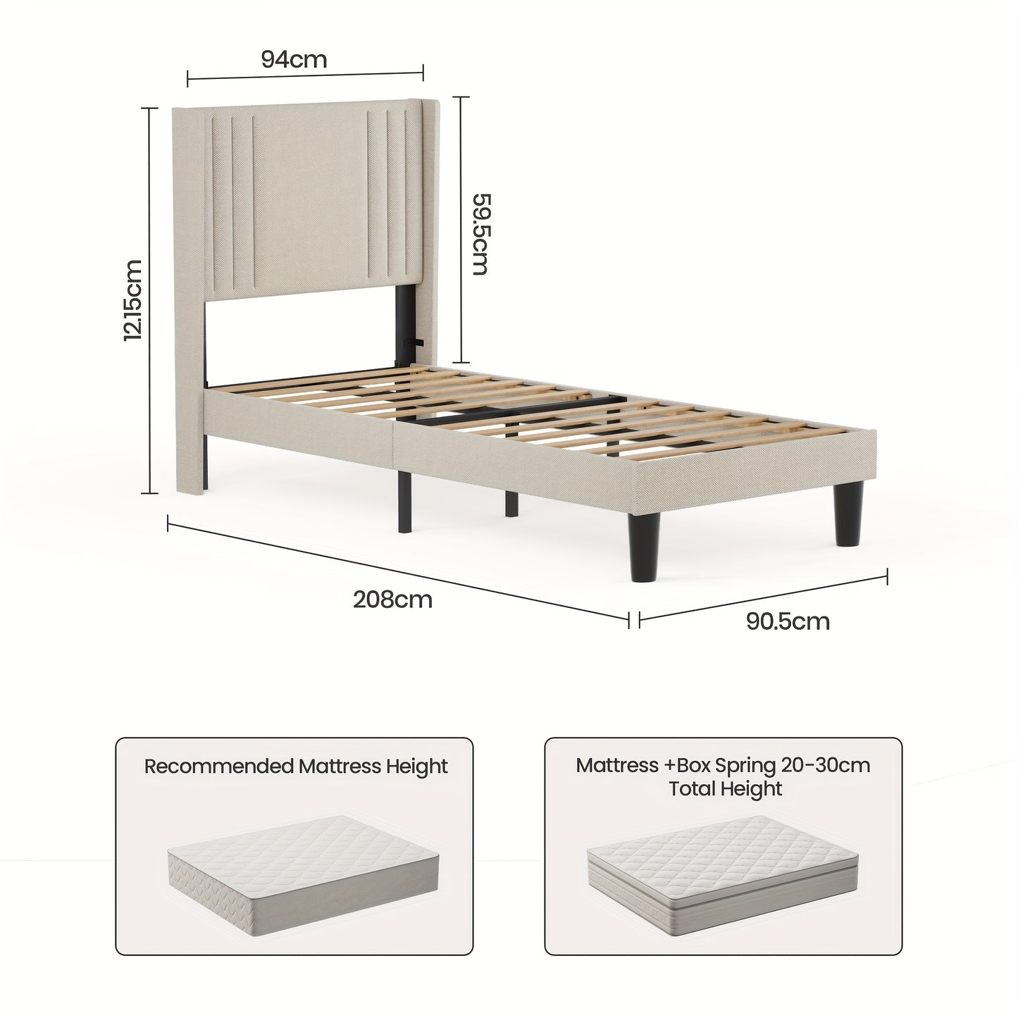Gestoffeerd Bed – Eenpersoonsbed – Tweepersoonsbed – Slaapbank – Bedframe – Zachte Rugleuning – Onderbed Opbergruimte – Stevig Geluidloos Frame – Beige 90x200 cm