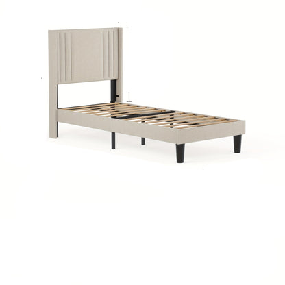 Gestoffeerd Bed – Eenpersoonsbed – Tweepersoonsbed – Slaapbank – Bedframe – Zachte Rugleuning – Onderbed Opbergruimte – Stevig Geluidloos Frame – Beige 90x200 cm