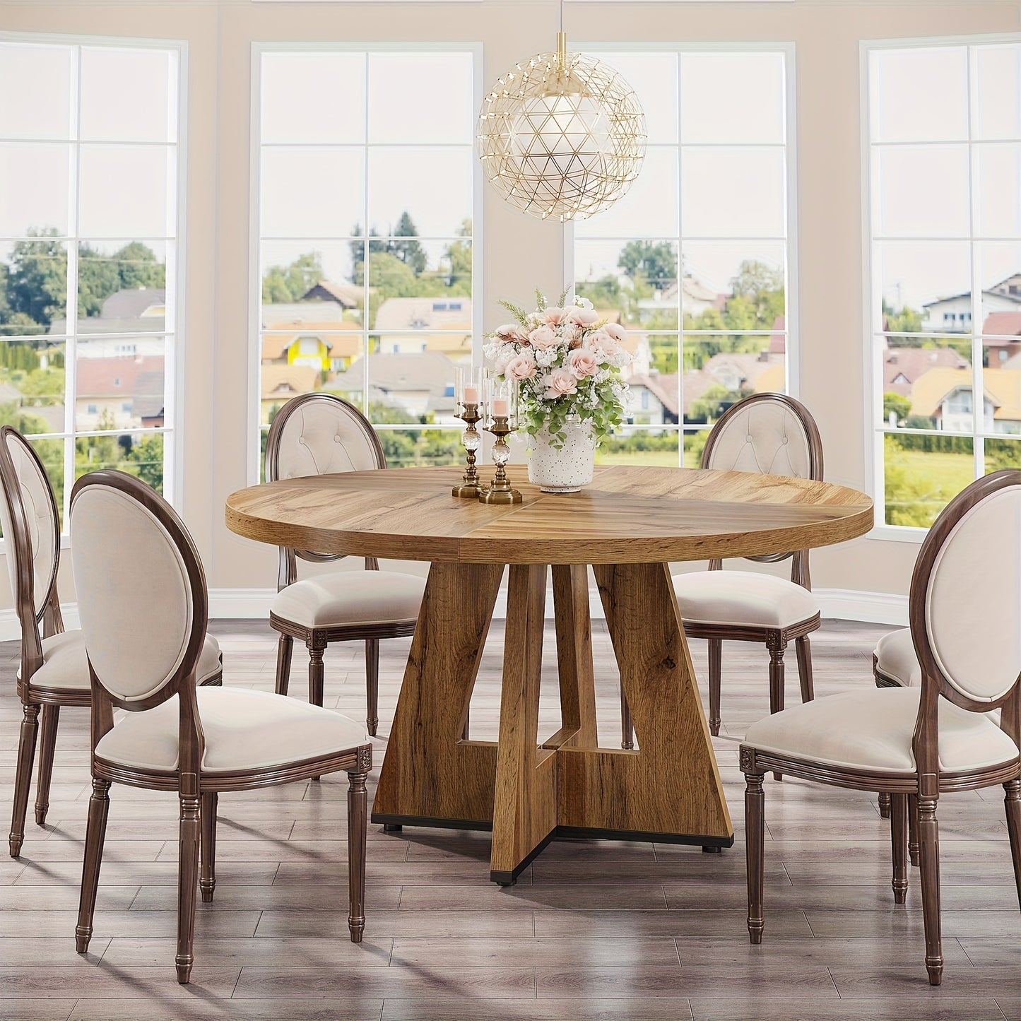 Ronde Eettafel – Houten Tafel – Keukentafel – Draaibare Tafel – Landelijke Tafel – Ruimtebesparend Design – Stevig Kruisvormig Onderstel – Diameter 120 cm – Burlywood Hout