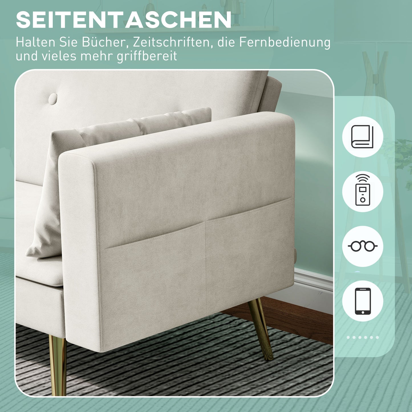 Slaapbank – Bedbank – Zitbank – Logeerbank – 2-Zitsbank – Verstelbare Rugleuning – Velvet Bekleding Beige