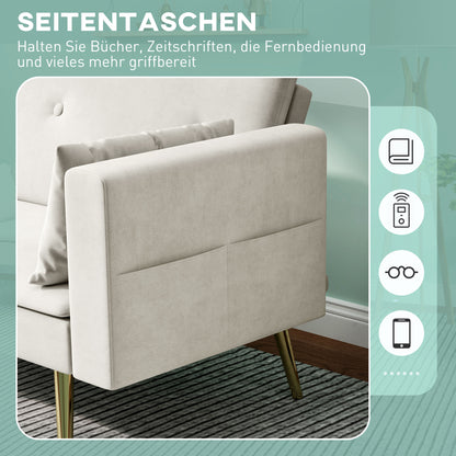 Slaapbank – Bedbank – Zitbank – Logeerbank – 2-Zitsbank – Verstelbare Rugleuning – Velvet Bekleding Beige