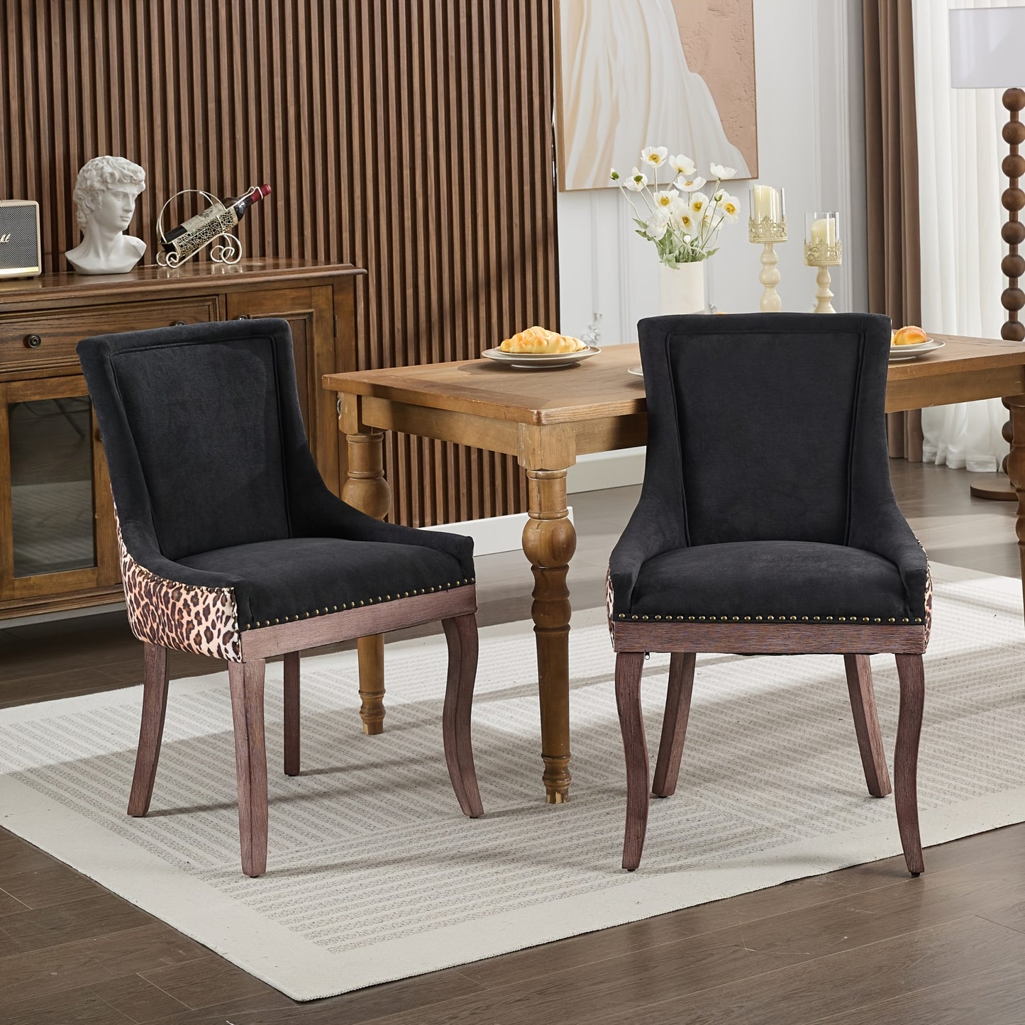 Eetkamerstoel – Stoel – Zithoekstoel – Eetkamerstoel Met Metalen Frame – Kuipstoel – Ergonomische Rugleuning – Stevig Metalen Frame – Set Van 2 – Beige/Grijs Met Luipaardprint