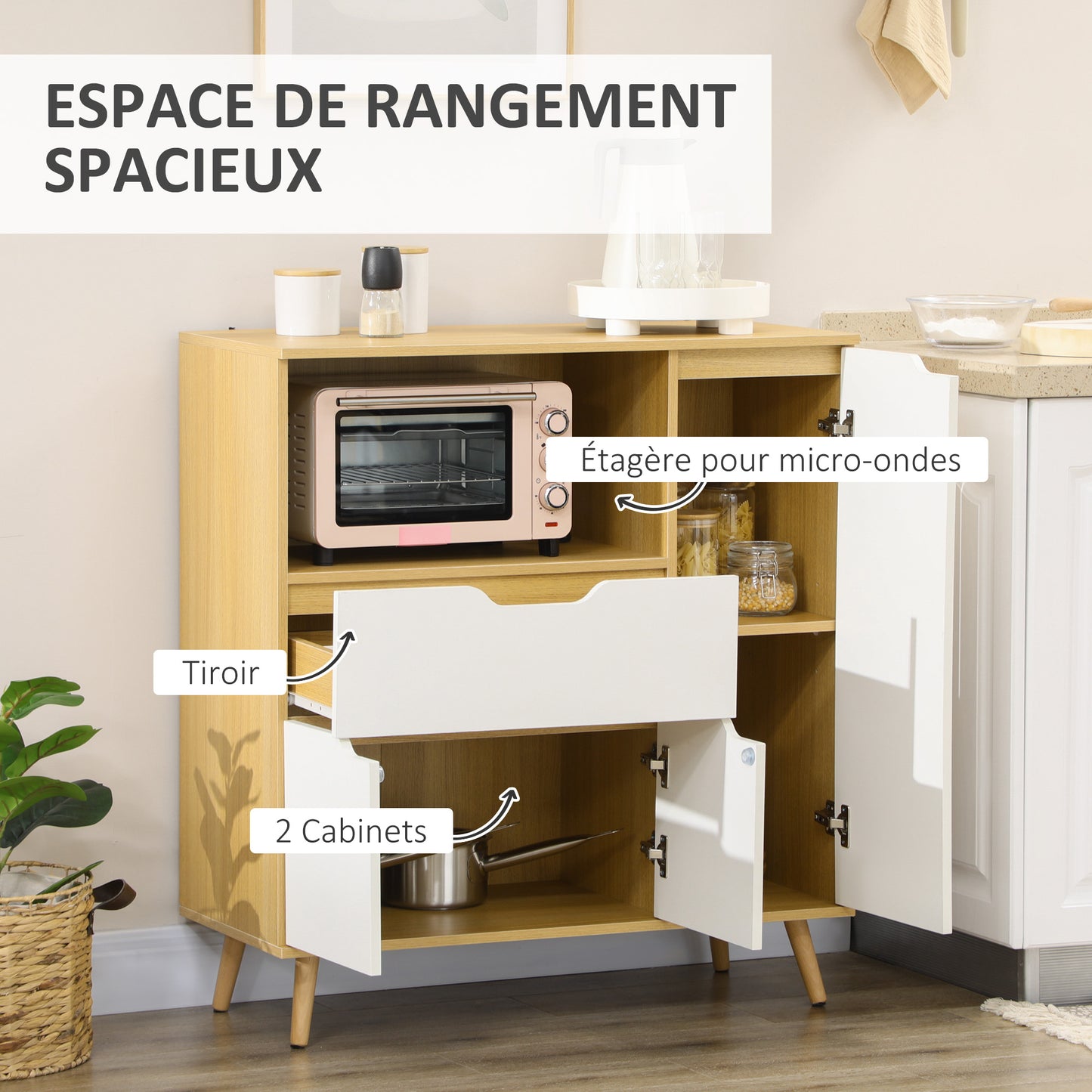 Keukenkastje – Keukenbuffet – Opbergkast – Kast met Lade – Keukenkast met Verstelbare Planken – 90x40x98,5 cm – Wit Met Houtlook – Duurzaam Melamine – Anti-Kantelbeveiliging