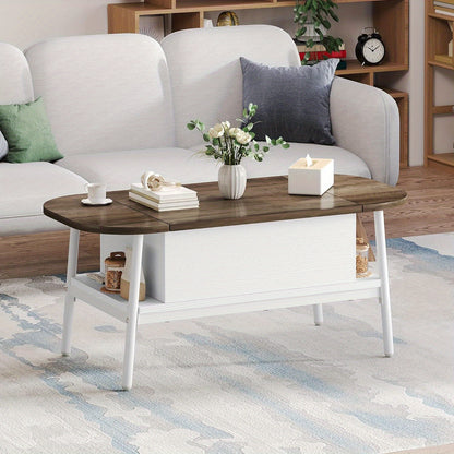 Salontafel – Koffietafel – Woonkamertafel – Verstelbare Tafel – Ovale Tafel – Verstelbare Hoogte – Verborgen Opbergruimte – Wit Hout – 100x50x42 cm