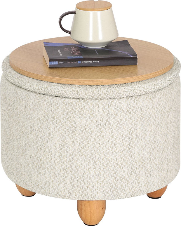 Gestoffeerde poef met opbergruimte – Beige - Multifunctionele poef met opbergruimte op poten – Draagvermogen 300 kg – Bijzettafel & kruk – 33 x 39 cm