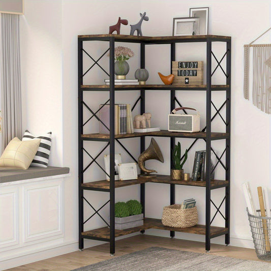 5-Laags Hoekboekenkast – Hoekboekenplank – Hoekrek – Boekenkast – Opbergkast – Rustiek Bruin – Stabiel Metalen Frame – Ruimtebesparend Verticaal Design