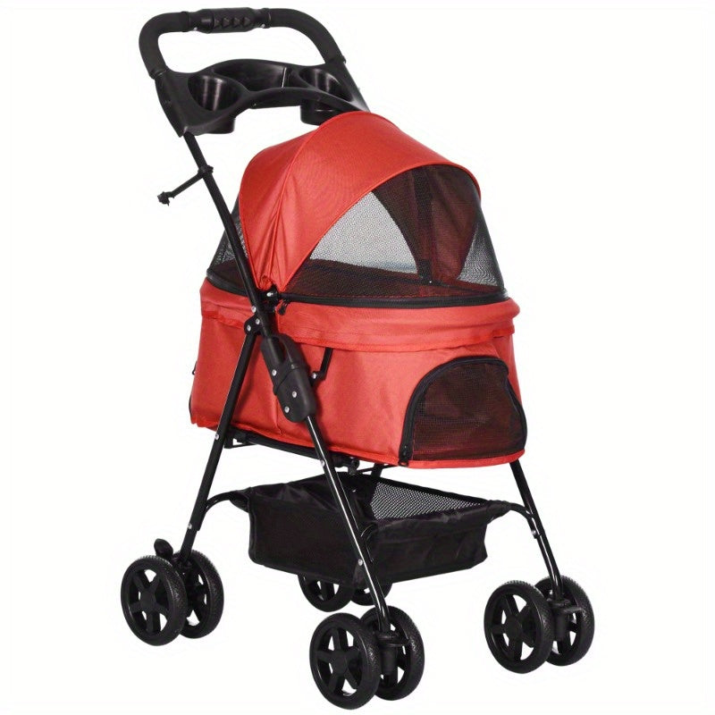 Dierenwagen – Huisdierwagen – Hondenwagen – Kattenwagen – Opvouwbare Buggy – Lichtgewicht Oxford – Ventilerend Mesh – Compact 67x45x96 cm – 4 Wielen Met Rem – Ergonomisch Handvat – Rood
