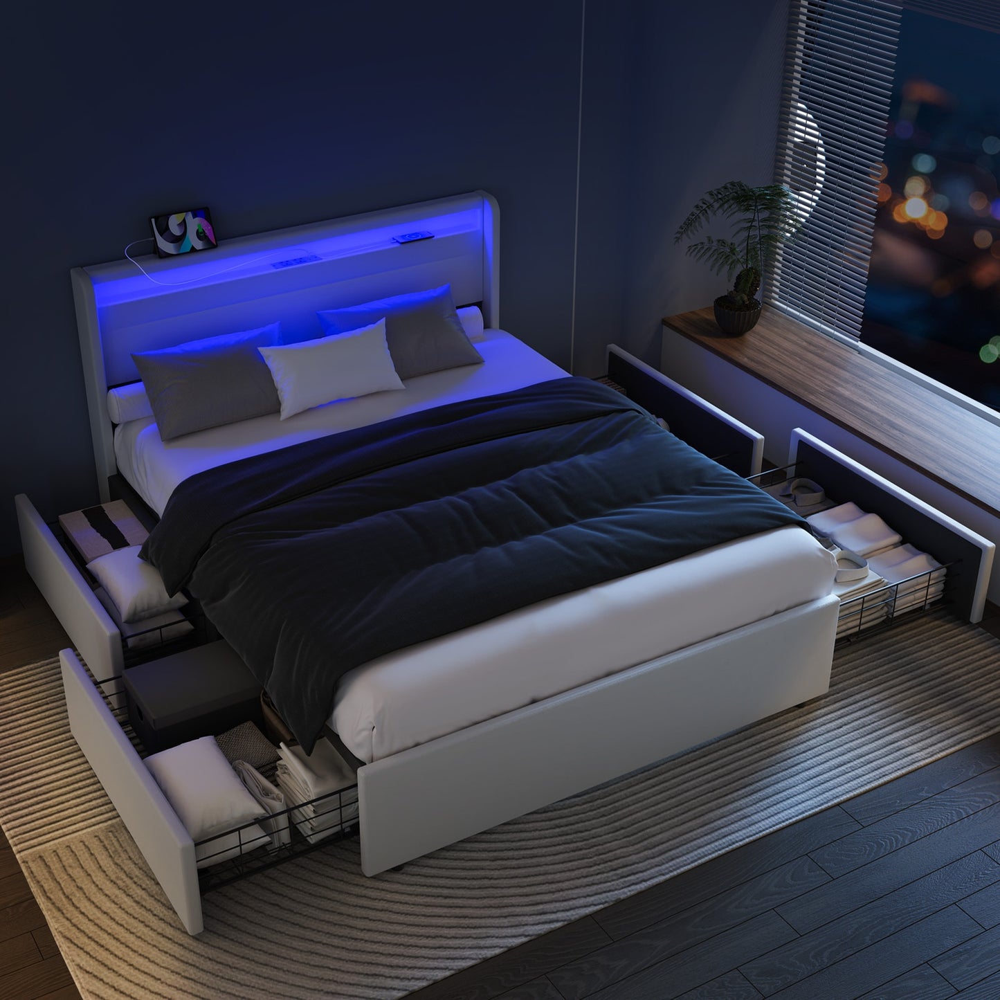 Bedframe – Tweepersoonsbed – Opbergbed – Gestoffeerd Bed – Led Bed – 140x200 cm – Met 4 Lades – USB RGB Verlichting
