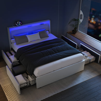 Bedframe – Tweepersoonsbed – Opbergbed – Gestoffeerd Bed – Led Bed – 140x200 cm – Met 4 Lades – USB RGB Verlichting