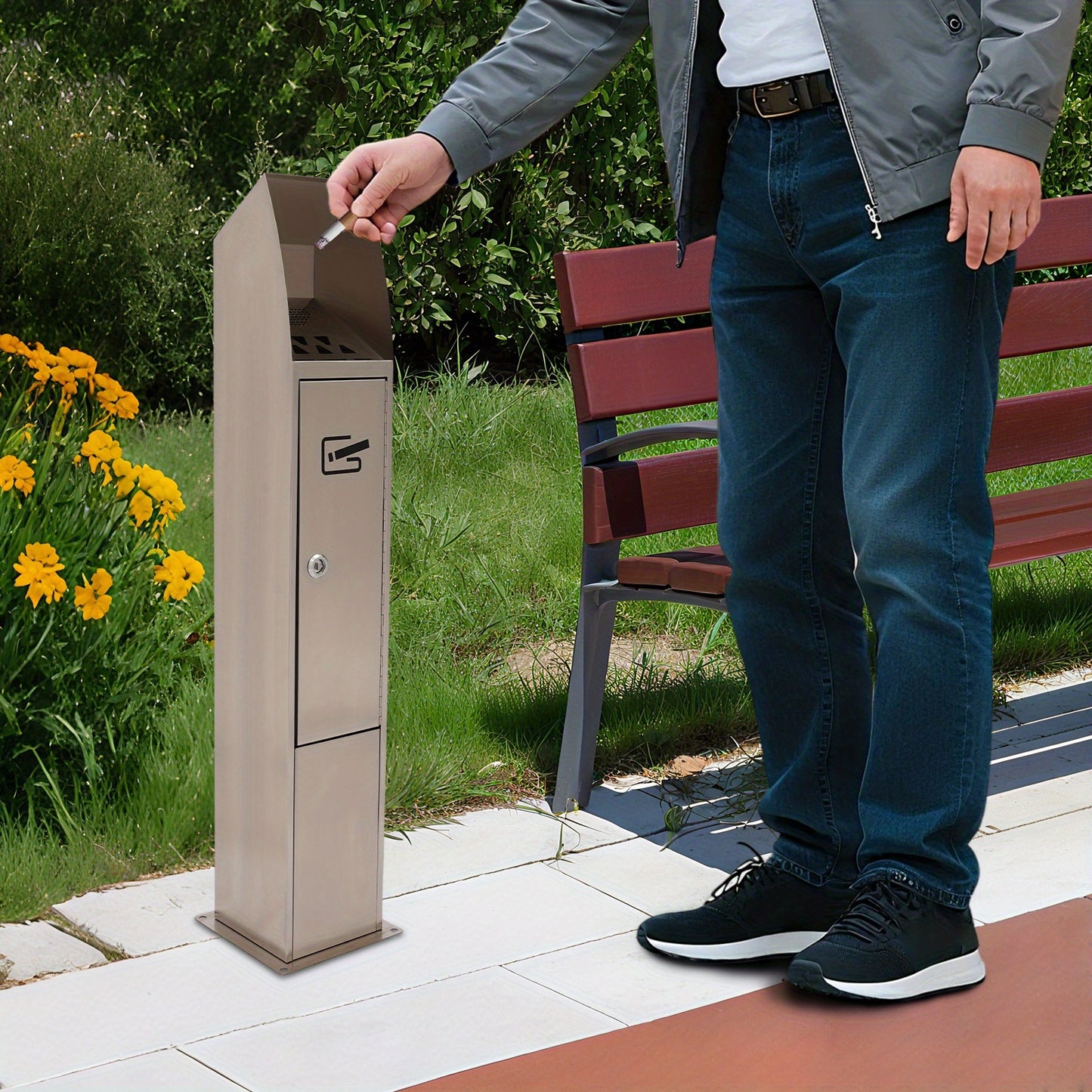 Outdoor/ Standing Cigarette Butt Disposal - Heavy-Duty Stainless Ashtray with Open-Top Design & Hygienic Ash Collector, Self-Standing Cigarette Bin for Public Spaces, Parks, Bars, Restaurants - Easy-Clean (No Required
