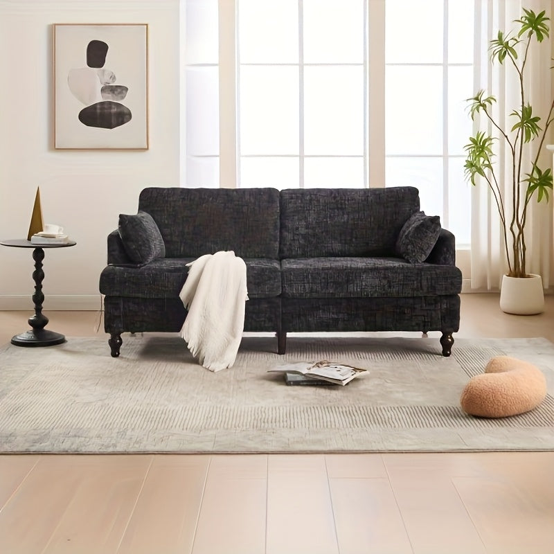 2-Zits Bank – Compacte Sofa – Tweezits Fauteuil – Loveseat – Zithoek – Chenille Bekleding – Stevige Houten Poten – Met Opbergzak – Zwart – Ruimtebesparend Design