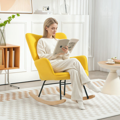 Schommelstoel – Rocking Chair – Wiegstoel – Relaxstoel – Voedingsstoel – Fluweel Bekleding – Stalen Frame Met Massief Houten Poten – Geel