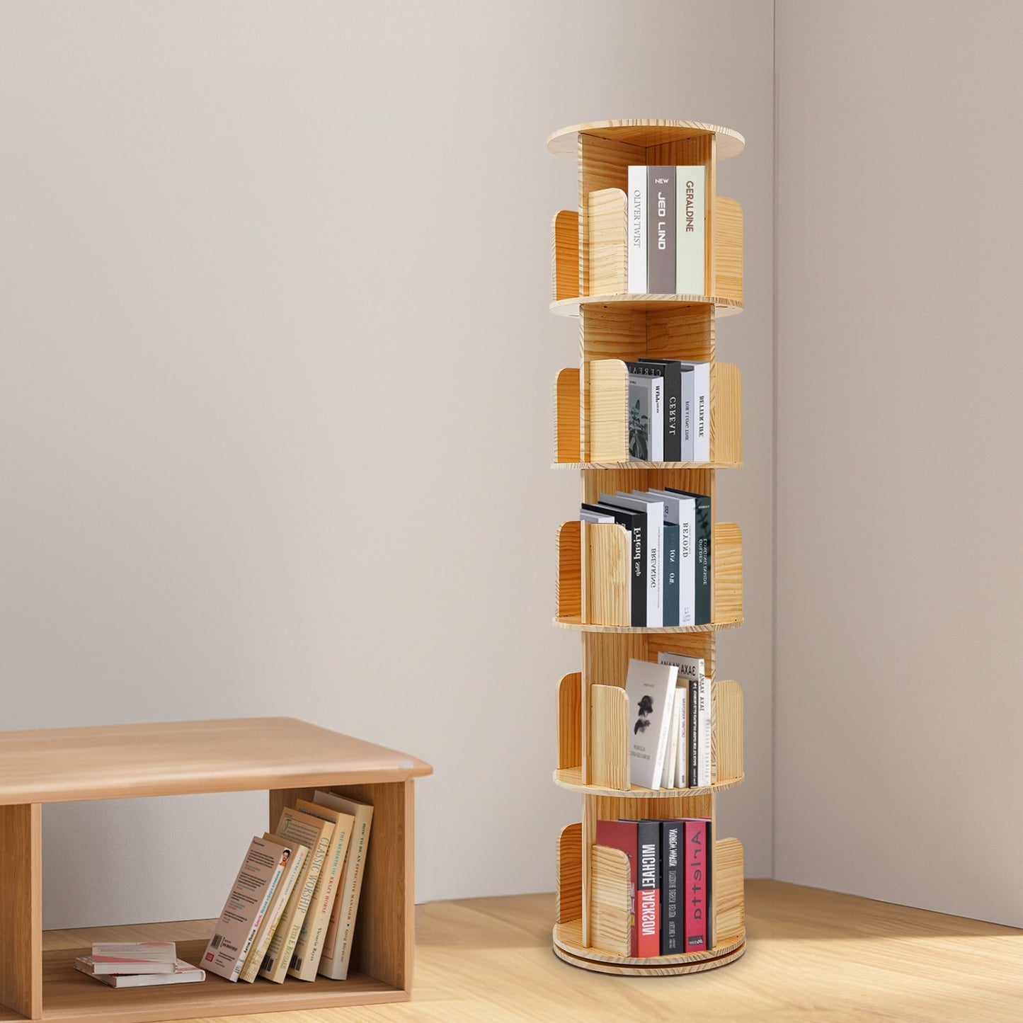 Boekenkast – Boekenrek – Opbergkast – Vakkenkast – Draaibare Kast – 5 Laags – 360° Draaibaar – Stevig Plastic – Licht Bruin