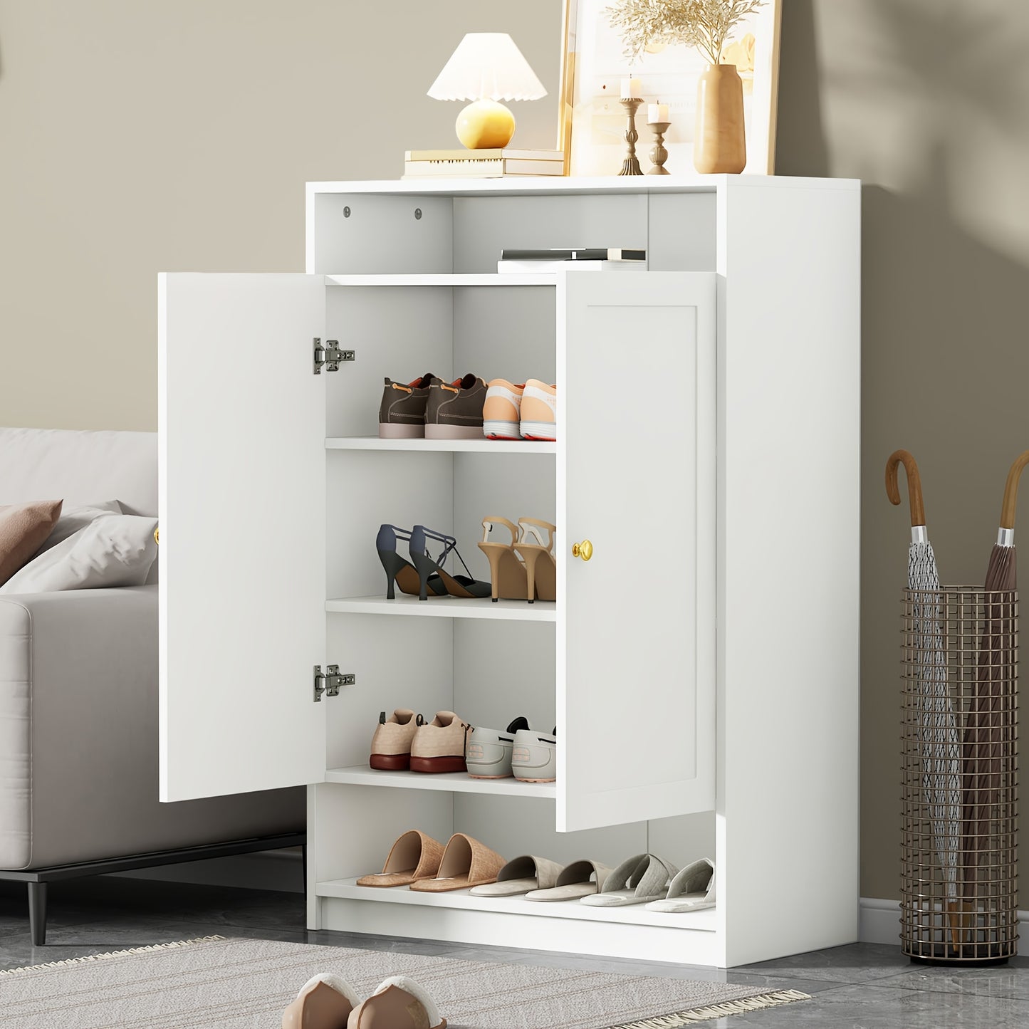 Schoenenkast – Schoenenrek – Schoenenopberger – Halkast – Schoenenkastje – Vloerstaand – Verstelbare Planken – Bamboe Wit Met Gouden Handvat