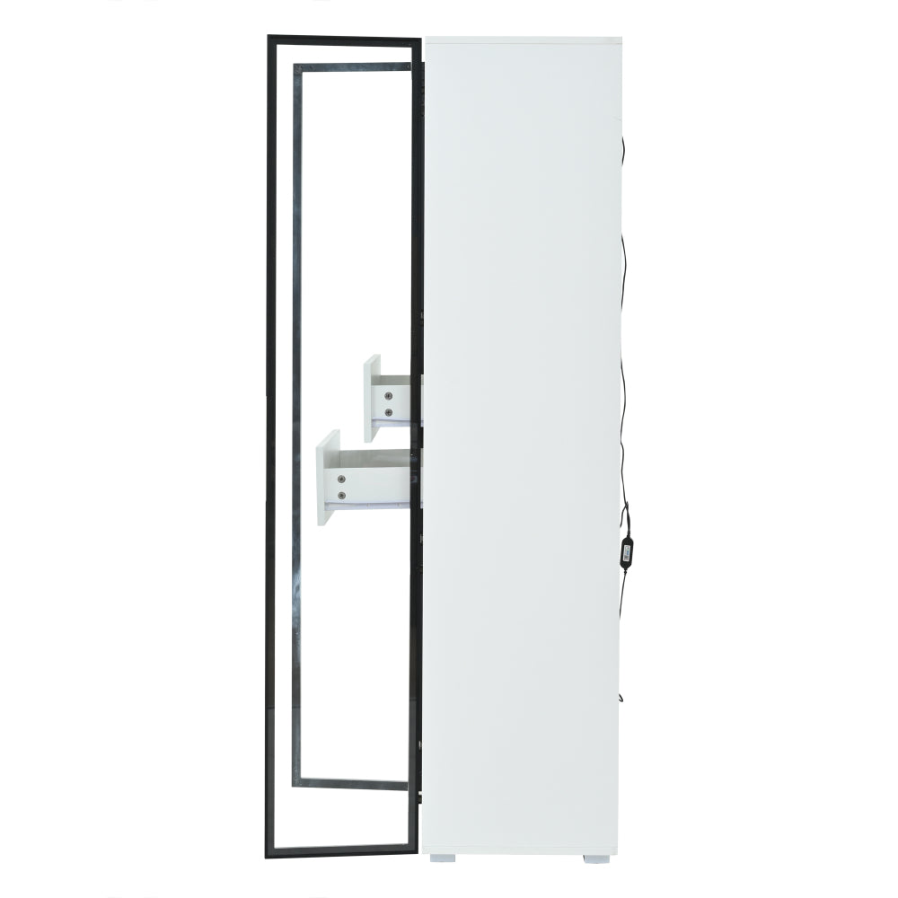 Modern Tall White Display & Storage Cabinet with 2 Glass Shelves & 2 Drawers - Sofa/Buffet/Living Room Cabinet, Space-Saving Furniture for Small Apartments, Durable Metal Frame, Contemporary Design
