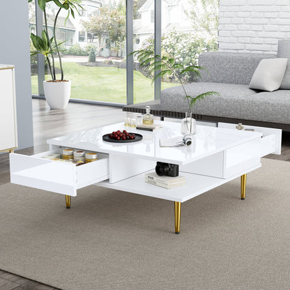 Salontafel – Koffietafel – Bijzettafel – Woonkamertafel – Tafel – Hoogglans Wit – 70x70x36 cm – Met 2 Lades en Opbergvakken – Draagvermogen 30 kg