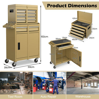 Gereedschapswagen – Gereedschapskast – Werkplaatswagen – Gereedschapskist – Mobiele Werkbank – Vergrendelbare Wielen – 5 Laden Met Anti-Slipvoering – Met Verstelbare Legplanken – Gele Metalen Constructie