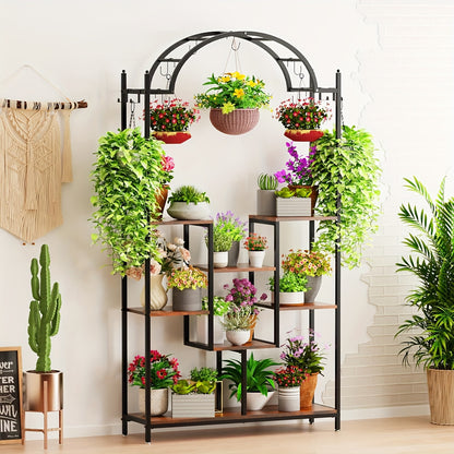 7-Tier Tall Indoor Plant Stand Corner Shelf with Hanging Hooks, Arched Metal Multi-Purpose Display Rack for Bonsai Pots and Plants, Classic Black Finish for Living Room or Balcony, Plant Hanger, Unho