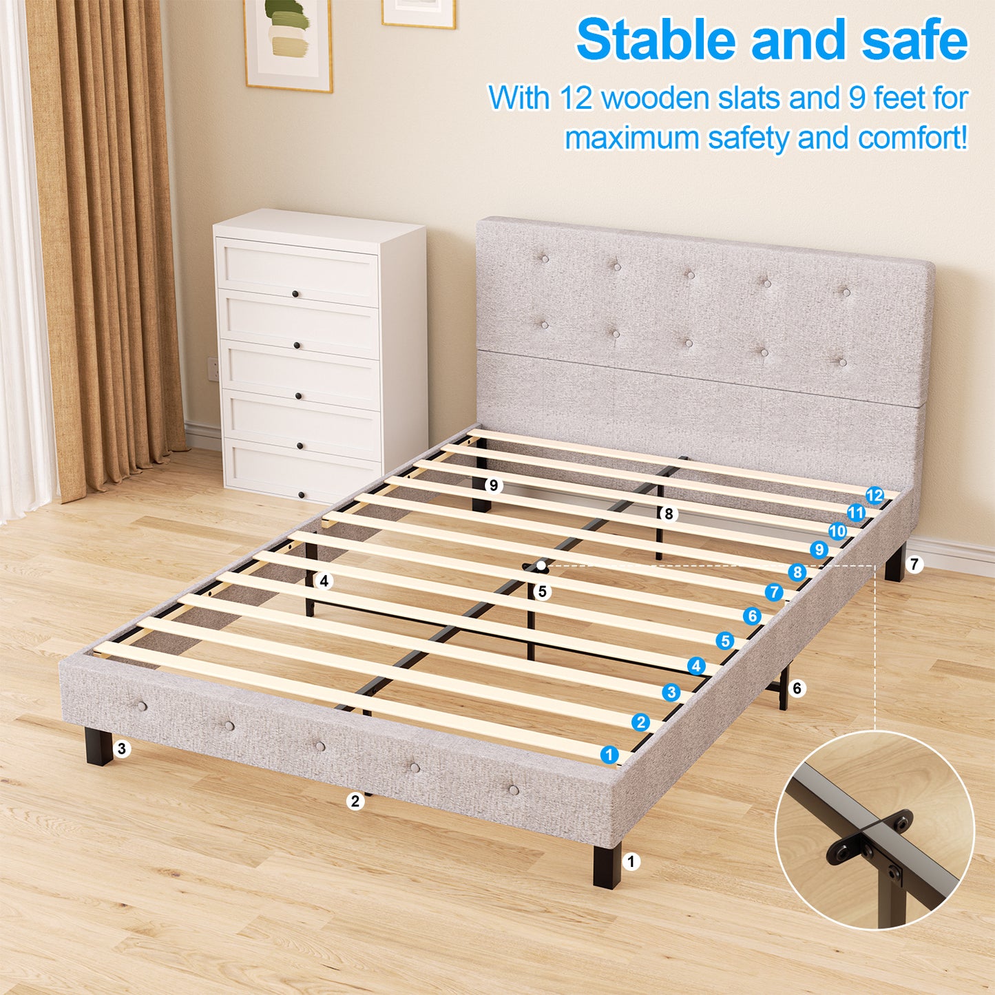 Bedframe – Bedombouw – Boxspring – Ledikant – Slaapbank – 140 x 200 cm – Stoffen Hoofdbord – Stevige Houten Lattenbodem – Lichtgrijs