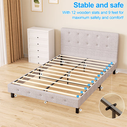 Bedframe – Bedombouw – Boxspring – Ledikant – Slaapbank – 140 x 200 cm – Stoffen Hoofdbord – Stevige Houten Lattenbodem – Lichtgrijs