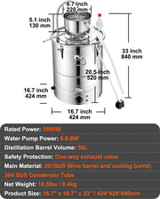 Alcohol Water Distilleerder – 50L Roestvrijstalen Distillatieapparaat – 2800W Elektrische Verwarmer – Complete Set voor Whisky - Wijn - Wodka en Essentiële Oliën