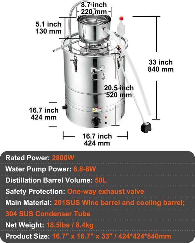 Alcohol Water Distilleerder – 50L Roestvrijstalen Distillatieapparaat – 2800W Elektrische Verwarmer – Complete Set voor Whisky - Wijn - Wodka en Essentiële Oliën