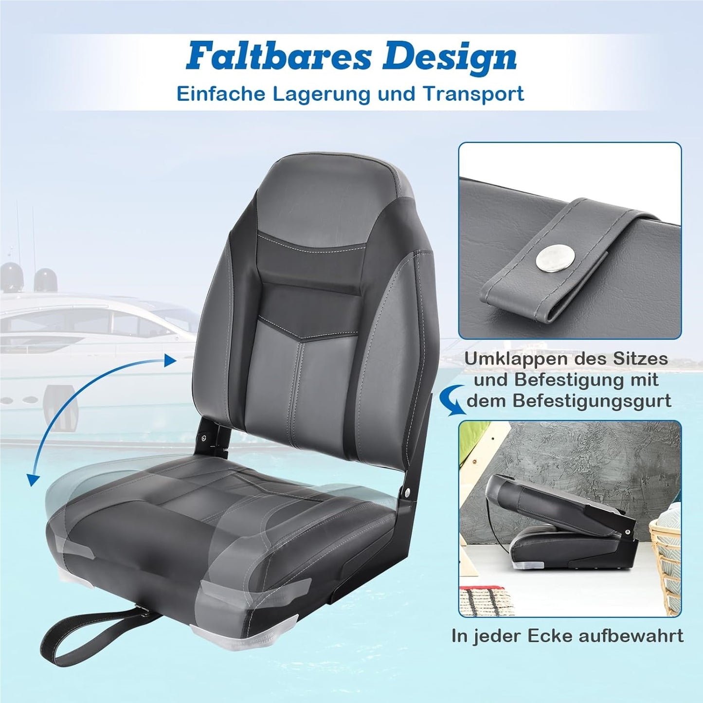 Bootstoel – Bootstoel Klapstoel Stuurstoel Bootmeubel – Vouwbaar – Ergonomische Hoge Rugleuning – 10 cm Dik Schuim – Set van 2 Zwart