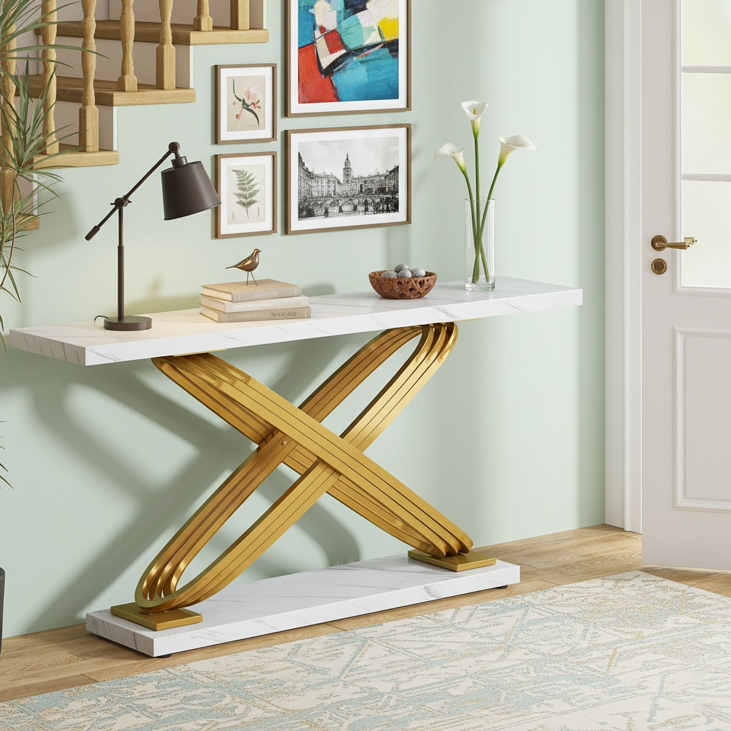 Sidetable – Consoletafel – Wandtafel – Haltafel – Bijzettafel – Smal Rechthoekig Ontwerp – Faux Marmeren Gouden Blad – Robuust Massief Houten Frame