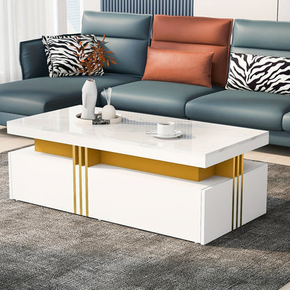 Modern Rectangular Coffee Table, High-gloss Tabletop with 2 Wooden Drawers, Marble Top, for Living Room, 100*50*40cm